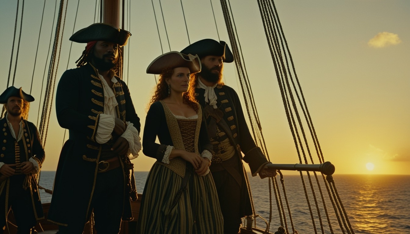 Four legendary pirate captains — Black Caesar, Blackbeard, Anne Bonny, and Charles Vane